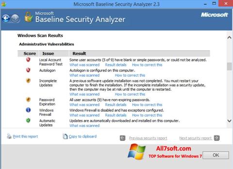 スクリーンショット Microsoft Baseline Security Analyzer Windows 7版